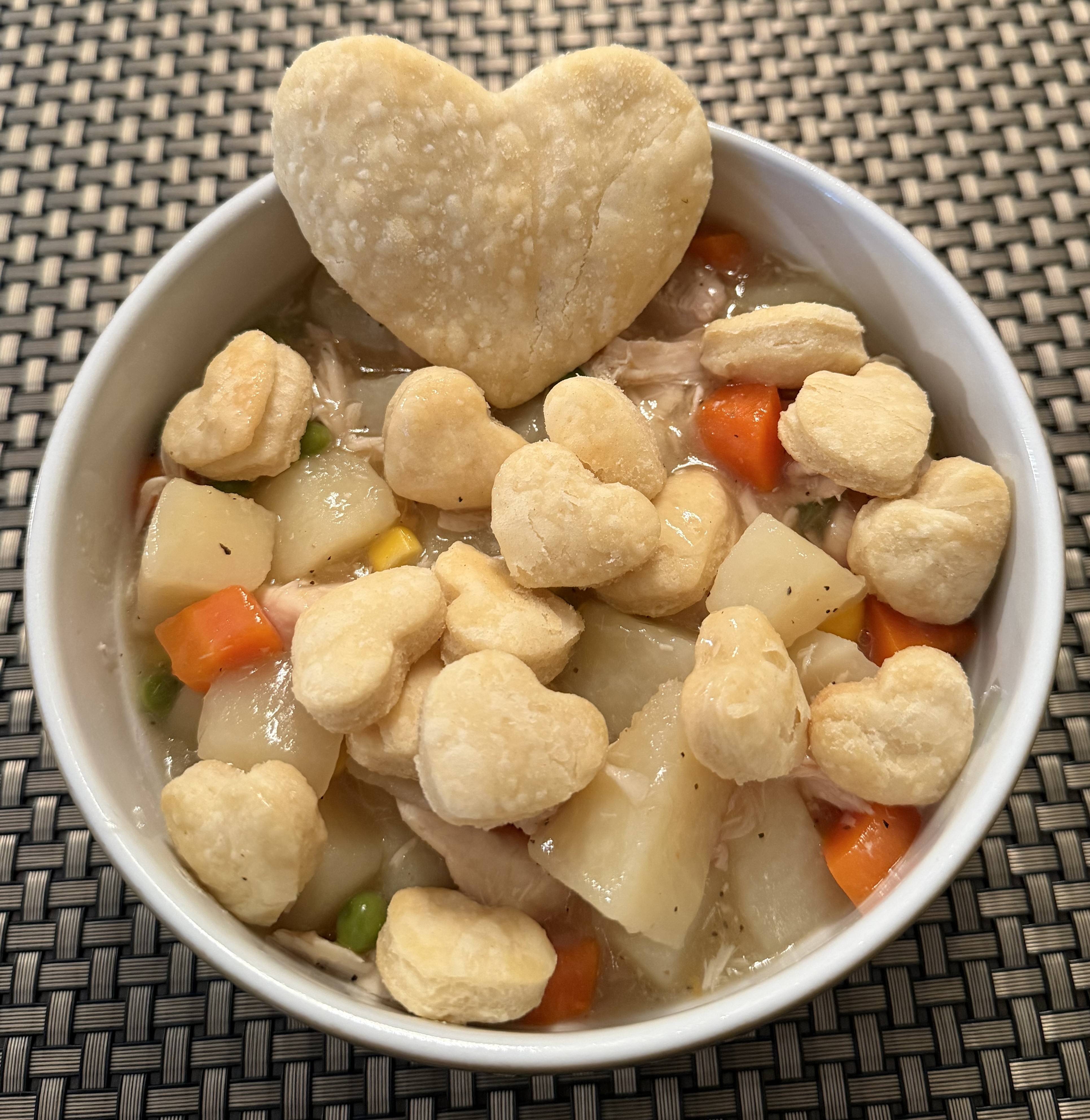 Chicken pot pie with heart shaped crust.